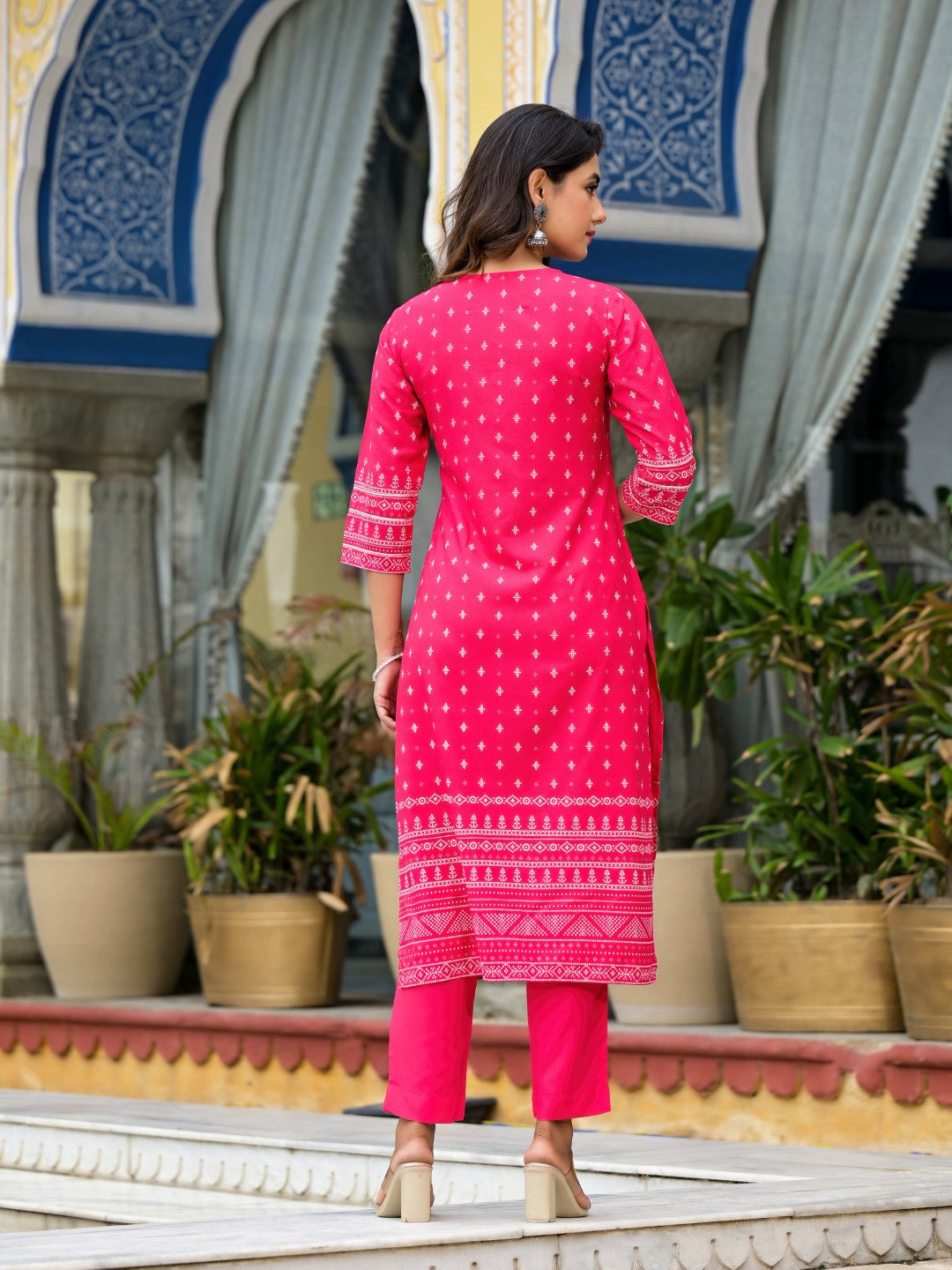 Juniper Women's Pink Ethnic Motif Printed Liva Rayon Kurta Pant And Dupatta Set With Beads Sequins & Lace | Grocsy