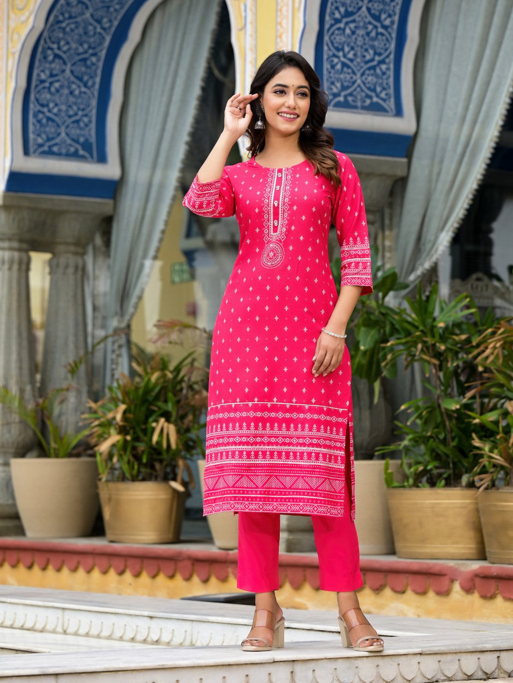 Juniper Women's Pink Ethnic Motif Printed Liva Rayon Kurta Pant And Dupatta Set With Beads Sequins & Lace | Grocsy