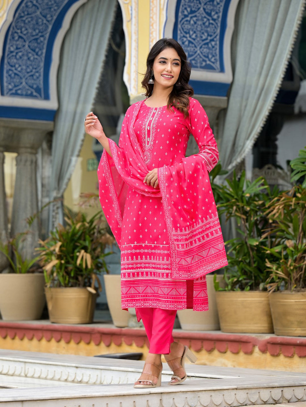 Juniper Women's Pink Ethnic Motif Printed Liva Rayon Kurta Pant And Dupatta Set With Beads Sequins & Lace | Grocsy