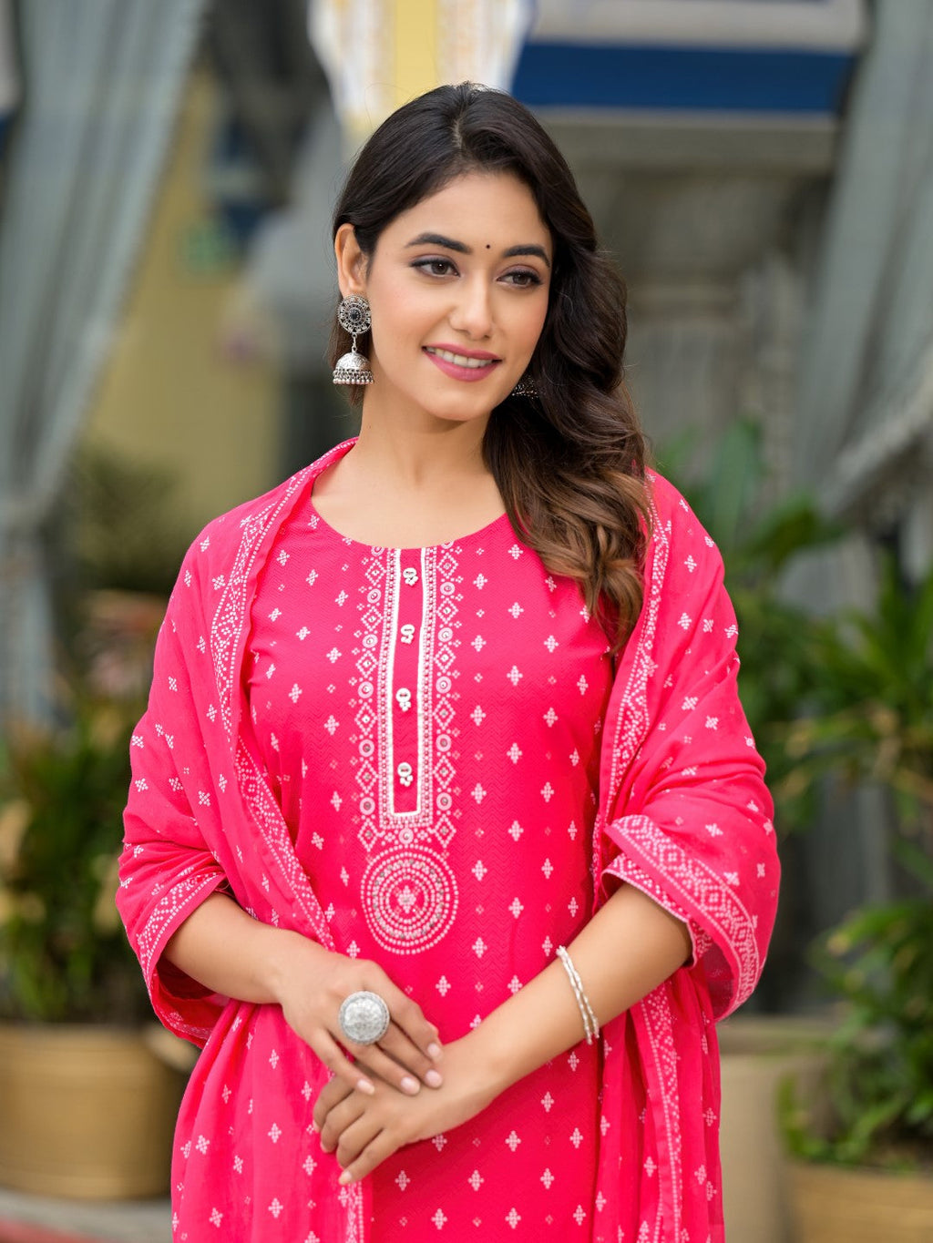 Juniper Women's Pink Ethnic Motif Printed Liva Rayon Kurta Pant And Dupatta Set With Beads Sequins & Lace | Grocsy