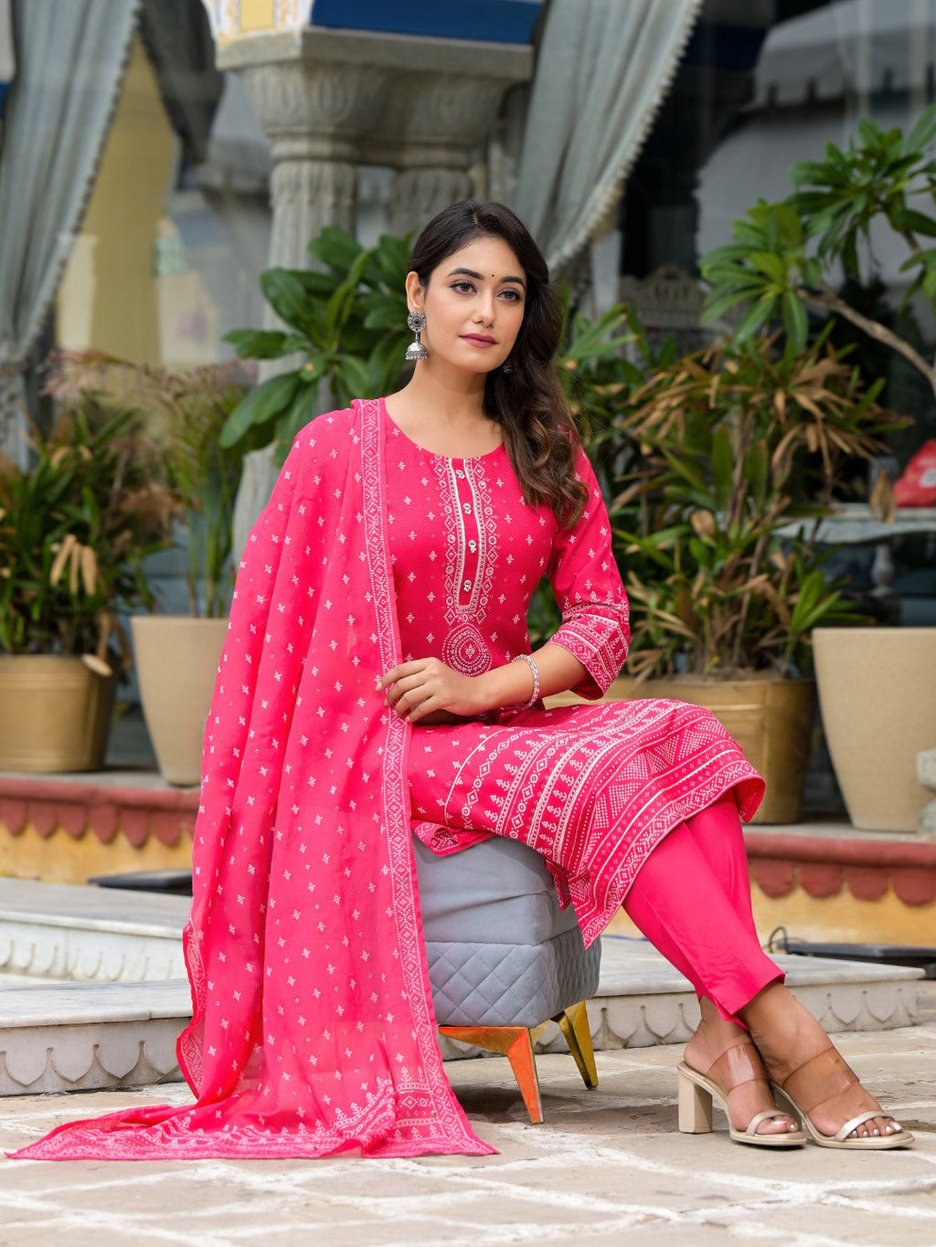 Juniper Women's Pink Ethnic Motif Printed Liva Rayon Kurta Pant And Dupatta Set With Beads Sequins & Lace | Grocsy