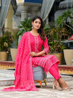 Juniper Women's Pink Ethnic Motif Printed Liva Rayon Kurta Pant And Dupatta Set With Beads Sequins & Lace | Grocsy