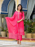 Juniper Women's Pink Ethnic Motif Printed Liva Rayon Kurta Pant And Dupatta Set With Beads Sequins & Lace | Grocsy