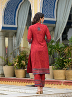 Juniper Women's Red Ethnic Motif Printed Liva Rayon Kurta Pant And Dupatta Set With Coins & Sequins | Grocsy
