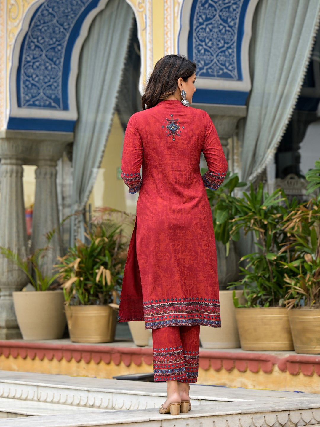 Juniper Women's Red Ethnic Motif Printed Liva Rayon Kurta Pant And Dupatta Set With Coins & Sequins | Grocsy