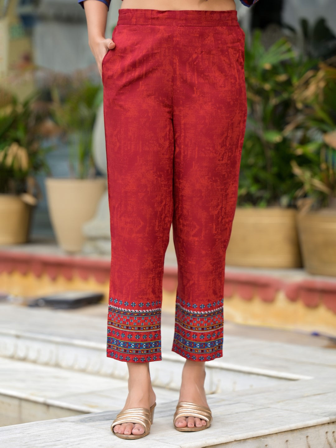 Juniper Women's Red Ethnic Motif Printed Liva Rayon Kurta Pant And Dupatta Set With Coins & Sequins | Grocsy