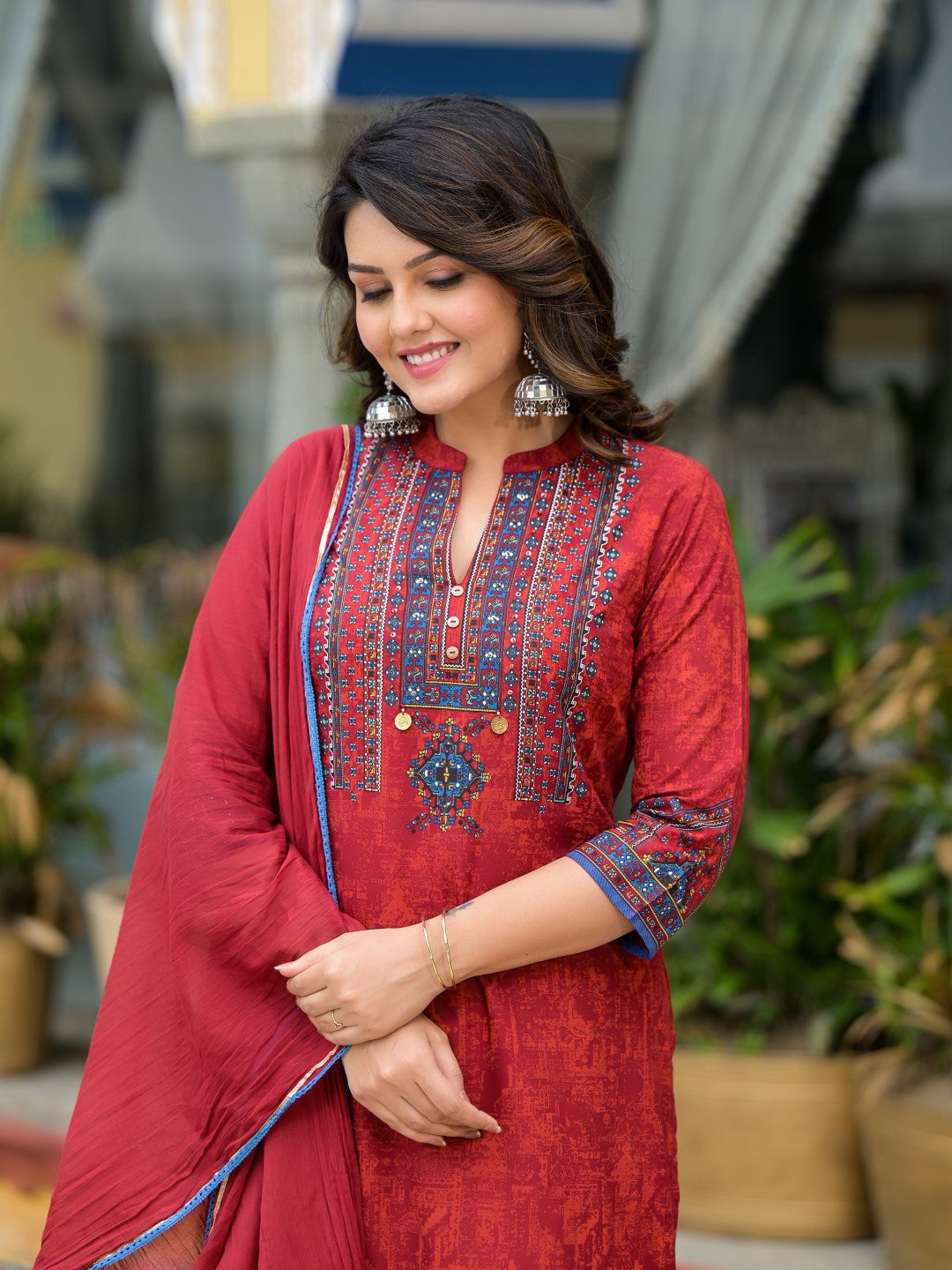 Juniper Women's Red Ethnic Motif Printed Liva Rayon Kurta Pant And Dupatta Set With Coins & Sequins | Grocsy