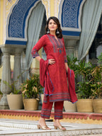 Juniper Women's Red Ethnic Motif Printed Liva Rayon Kurta Pant And Dupatta Set With Coins & Sequins | Grocsy
