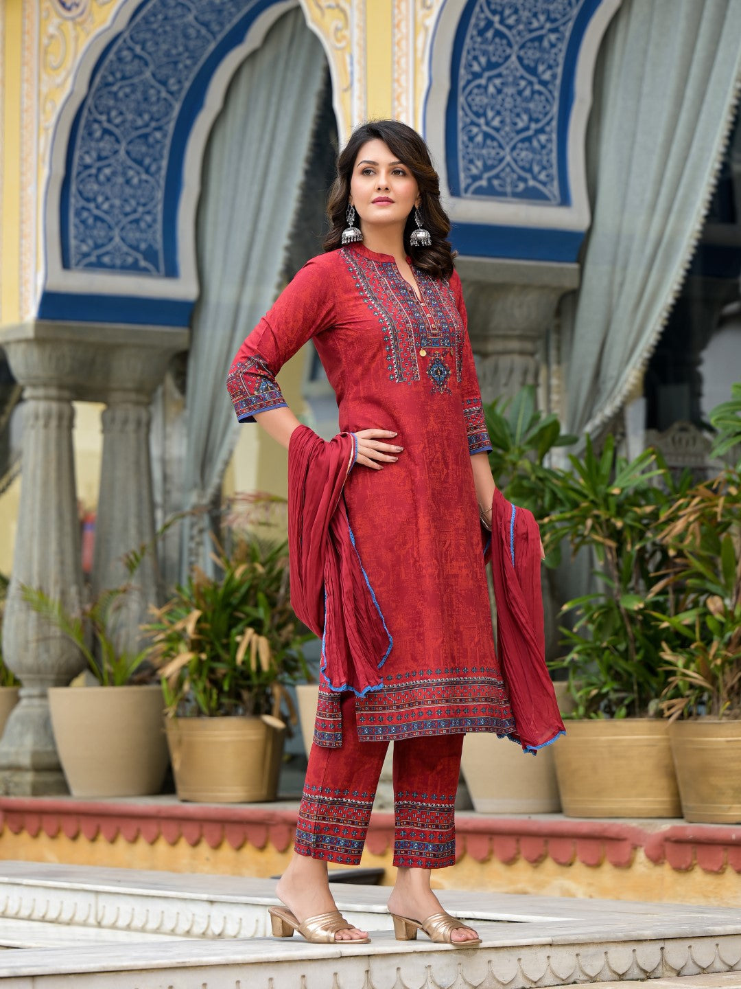 Juniper Women's Red Ethnic Motif Printed Liva Rayon Kurta Pant And Dupatta Set With Coins & Sequins | Grocsy