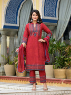 Juniper Women's Red Ethnic Motif Printed Liva Rayon Kurta Pant And Dupatta Set With Coins & Sequins | Grocsy