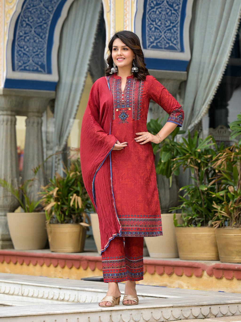 Juniper Women's Red Ethnic Motif Printed Liva Rayon Kurta Pant And Dupatta Set With Coins & Sequins | Grocsy