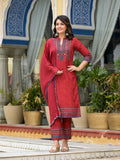 Juniper Women's Red Ethnic Motif Printed Liva Rayon Kurta Pant And Dupatta Set With Coins & Sequins | Grocsy