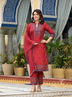 Juniper Women's Red Ethnic Motif Printed Liva Rayon Kurta Pant And Dupatta Set With Coins & Sequins | Grocsy
