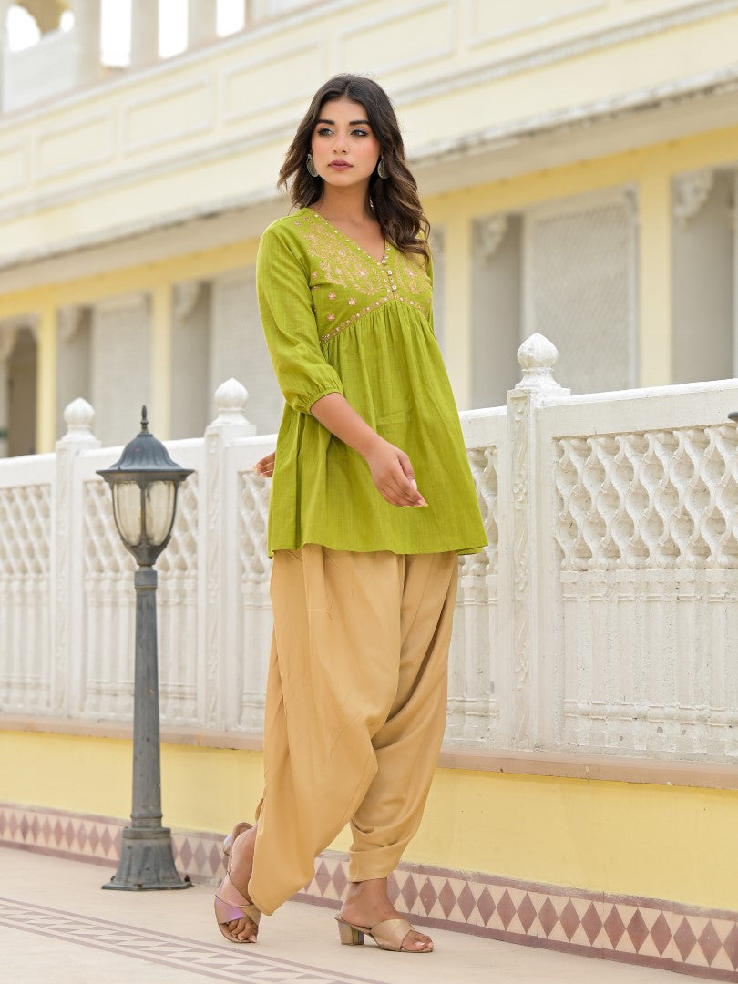 Juniper Women's Gold Ethnic Motif Printed Cotton Top And Pant Co-Ord Set With Zari Work | Grocsy