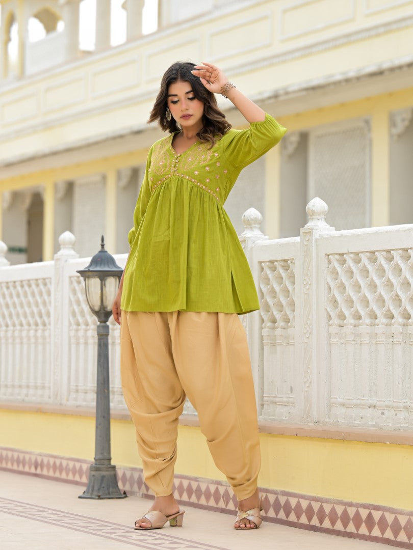 Juniper Women's Gold Ethnic Motif Printed Cotton Top And Pant Co-Ord Set With Zari Work | Grocsy