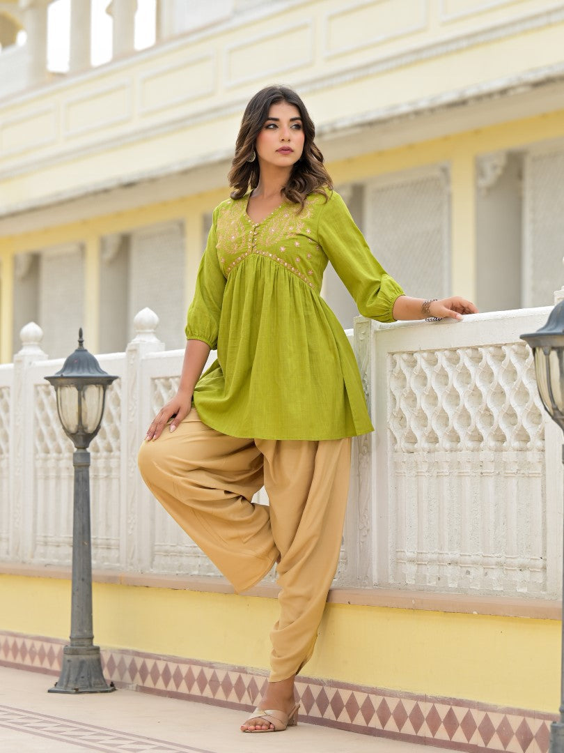 Juniper Women's Gold Ethnic Motif Printed Cotton Top And Pant Co-Ord Set With Zari Work | Grocsy