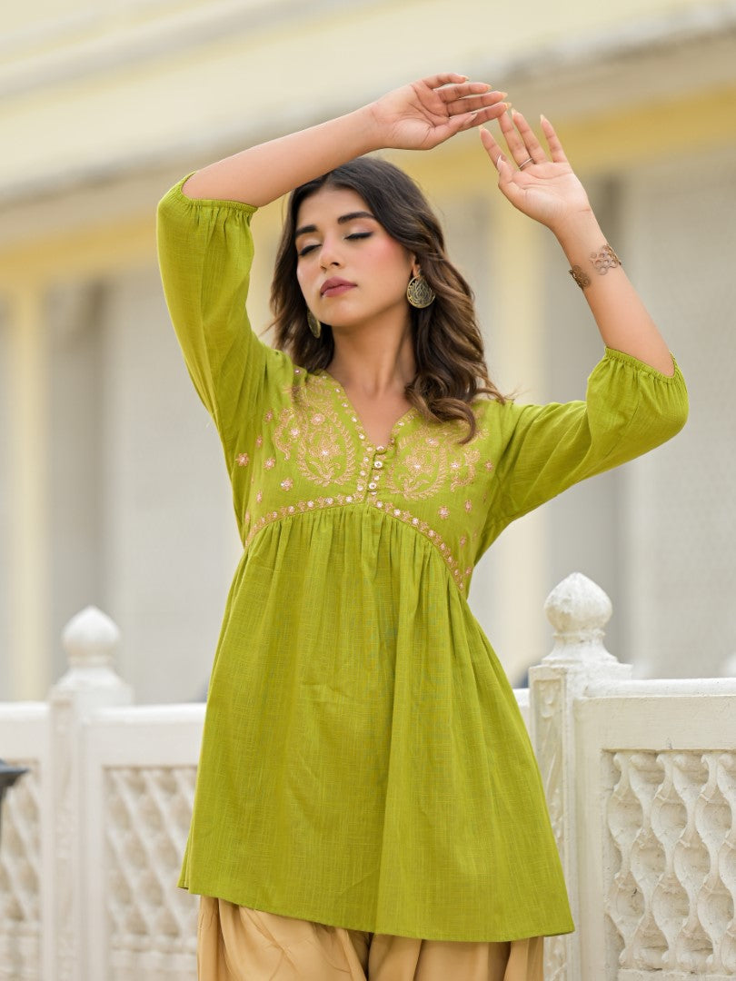 Juniper Women's Gold Ethnic Motif Printed Cotton Top And Pant Co-Ord Set With Zari Work | Grocsy