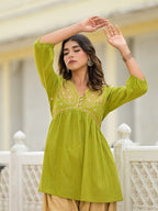 Juniper Women's Gold Ethnic Motif Printed Cotton Top And Pant Co-Ord Set With Zari Work | Grocsy