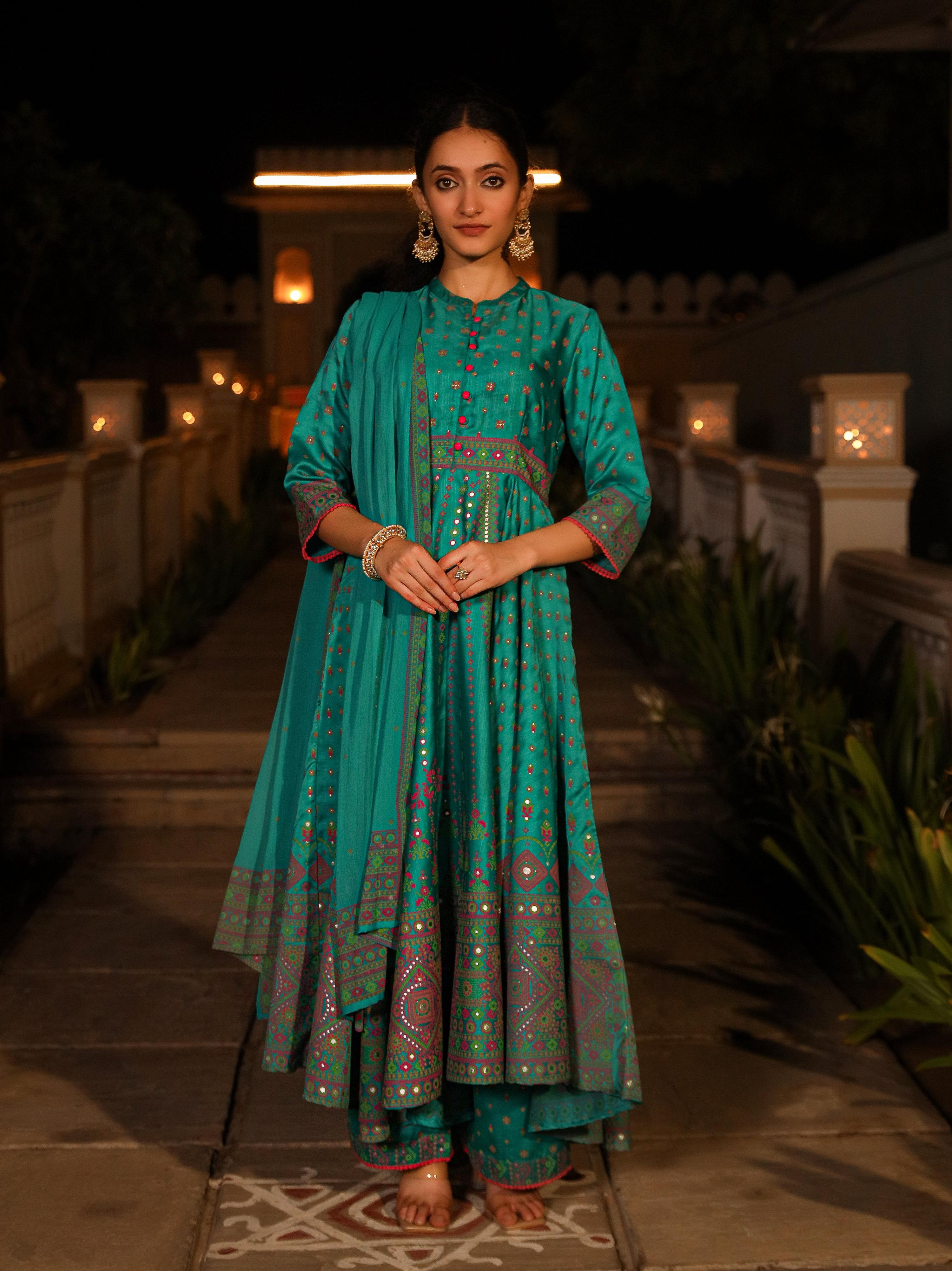 Juniper Women's Sea Green Ethnic Motif Printed Slub Satin Kurta Pant And Chiffon Dupatta Set With Buttons & Lace | Grocsy