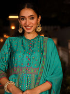 Juniper Women's Sea Green Ethnic Motif Printed Slub Satin Kurta Pant And Chiffon Dupatta Set With Buttons & Lace | Grocsy