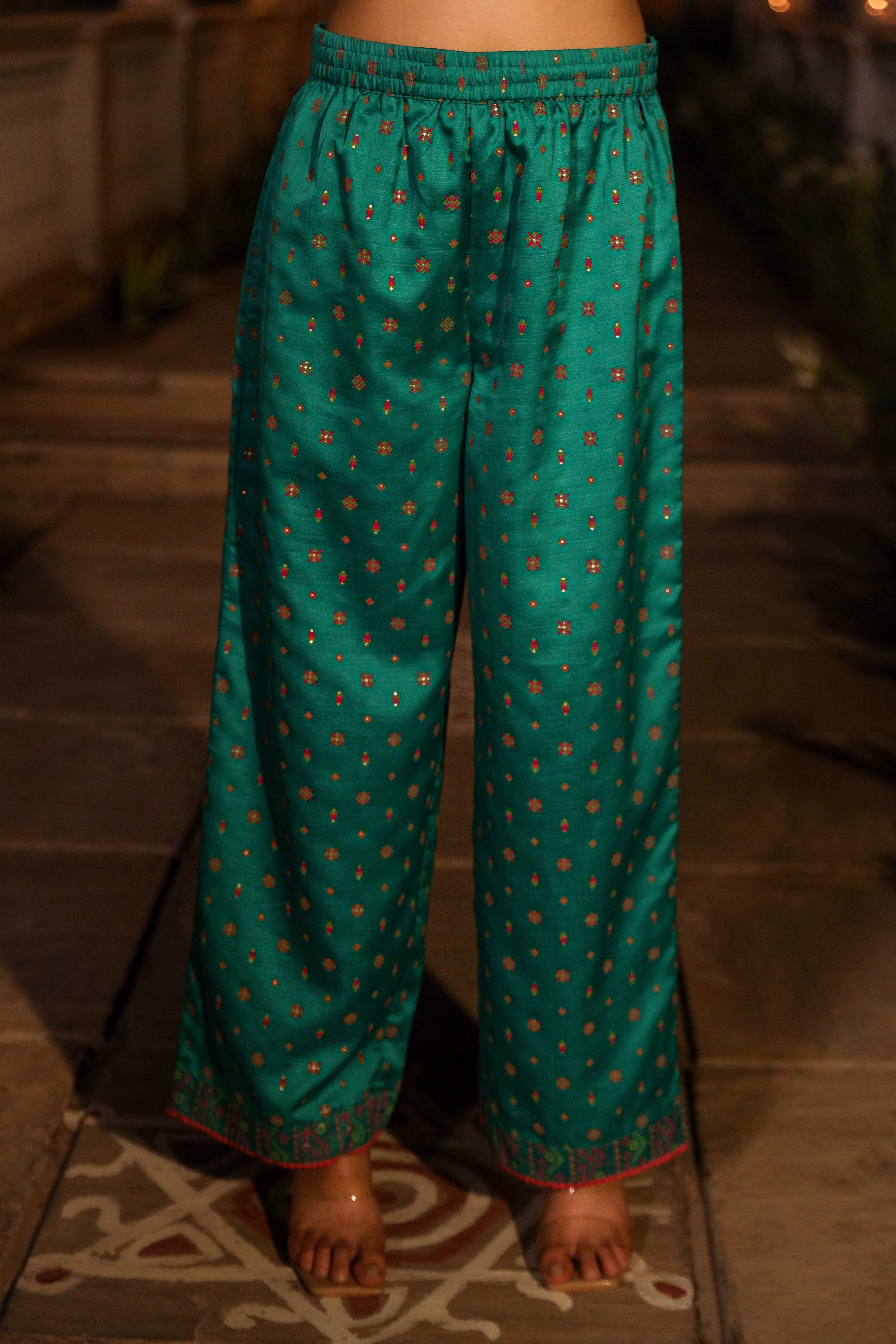 Juniper Women's Sea Green Ethnic Motif Printed Slub Satin Kurta Pant And Chiffon Dupatta Set With Buttons & Lace | Grocsy