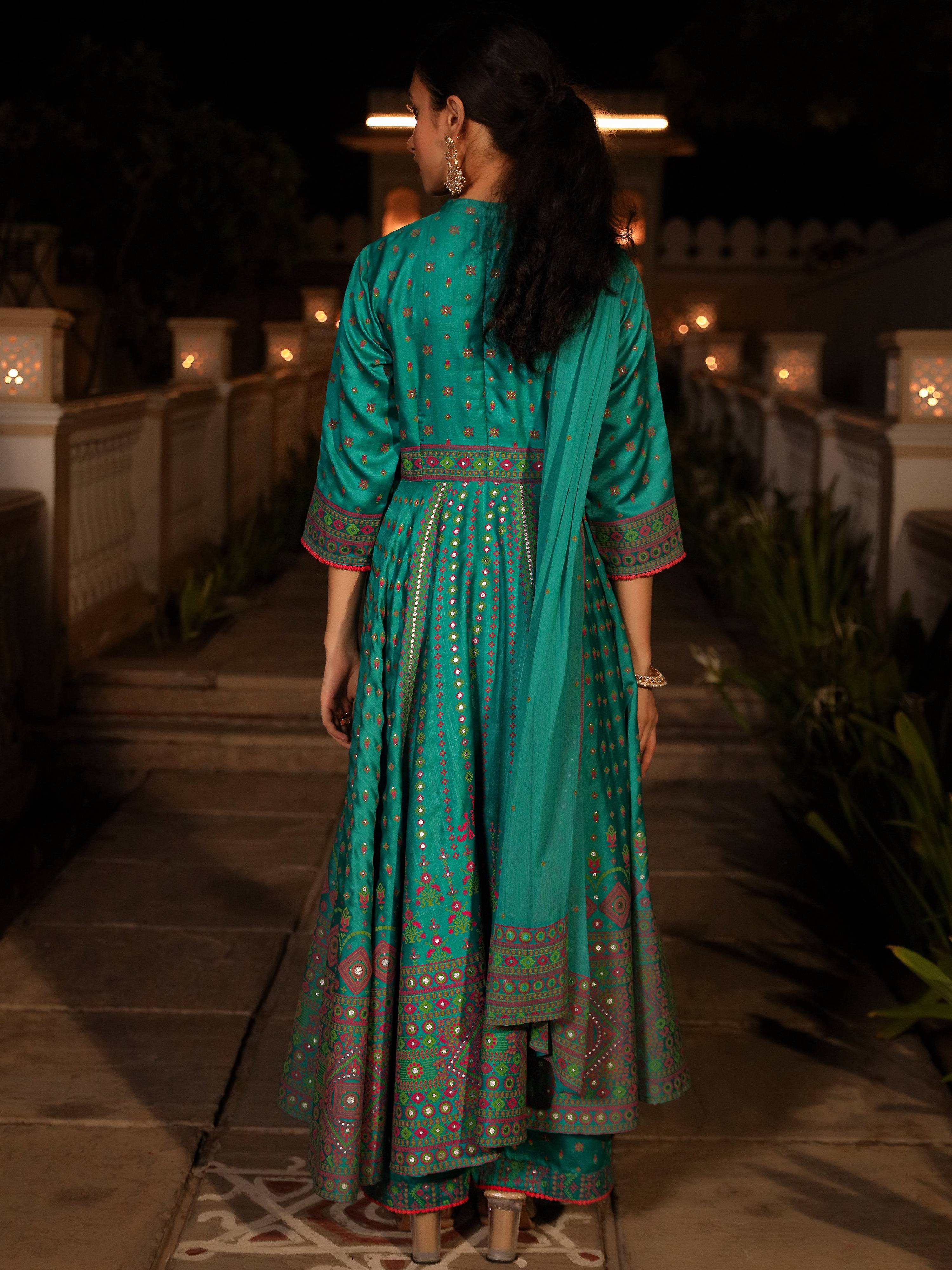 Juniper Women's Sea Green Ethnic Motif Printed Slub Satin Kurta Pant And Chiffon Dupatta Set With Buttons & Lace | Grocsy