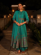 Juniper Women's Sea Green Ethnic Motif Printed Slub Satin Kurta Pant And Chiffon Dupatta Set With Buttons & Lace | Grocsy