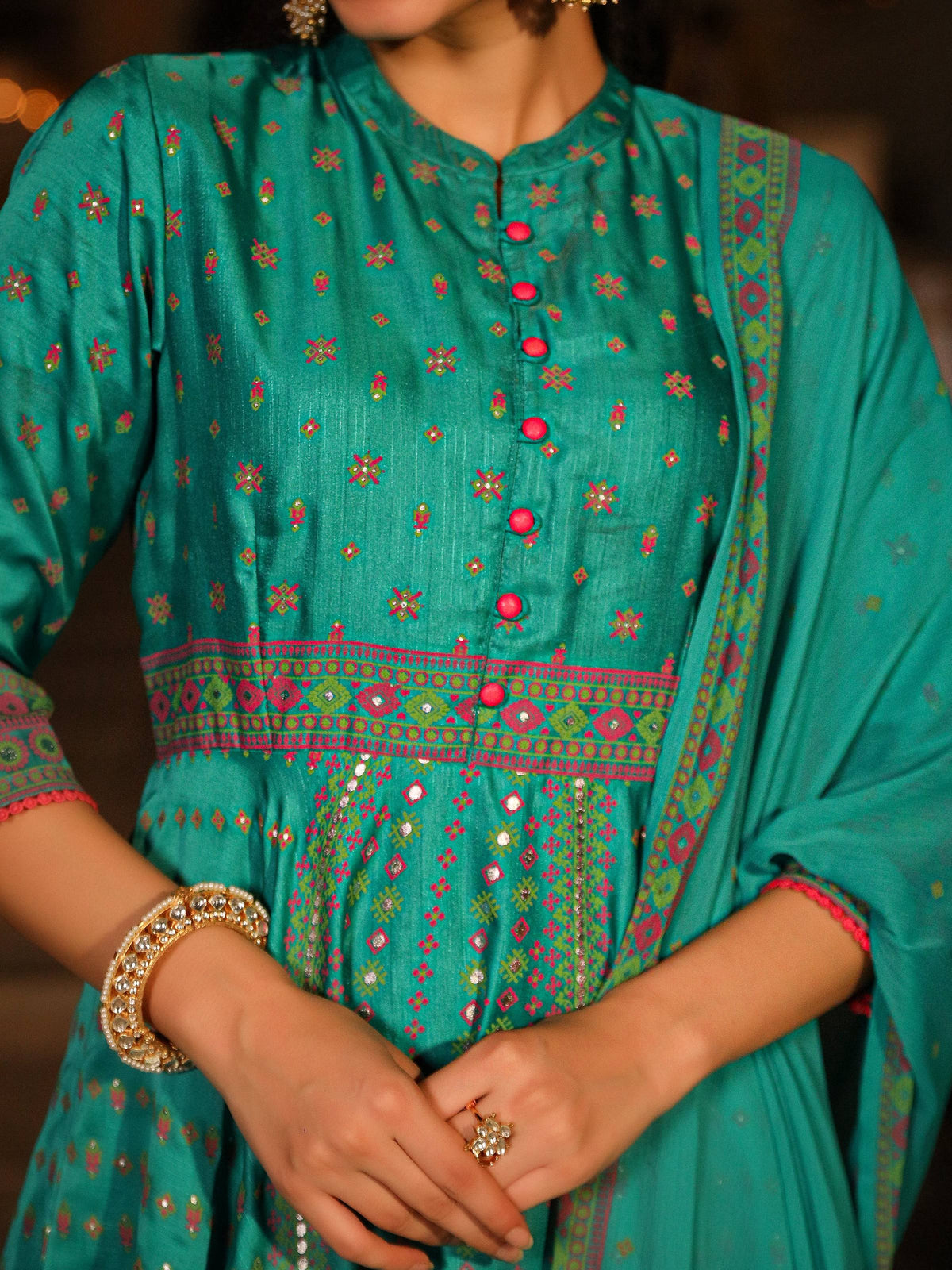 Juniper Women's Sea Green Ethnic Motif Printed Slub Satin Kurta Pant And Chiffon Dupatta Set With Buttons & Lace | Grocsy