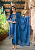 Juniper Women's Blue Ethnic Motif Printed Liva Rayon Kurta Pant And Dupatta Set With Sequins & Tassels | Grocsy