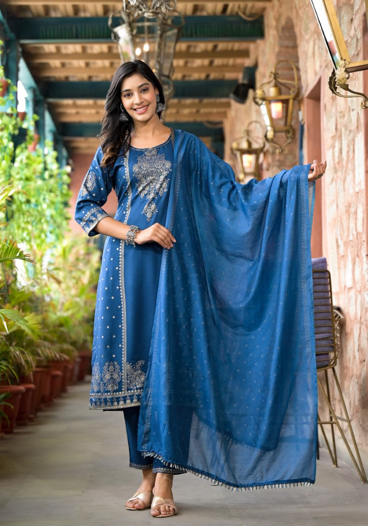 Juniper Women's Blue Ethnic Motif Printed Liva Rayon Kurta Pant And Dupatta Set With Sequins & Tassels | Grocsy