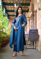 Juniper Women's Blue Ethnic Motif Printed Liva Rayon Kurta Pant And Dupatta Set With Sequins & Tassels | Grocsy