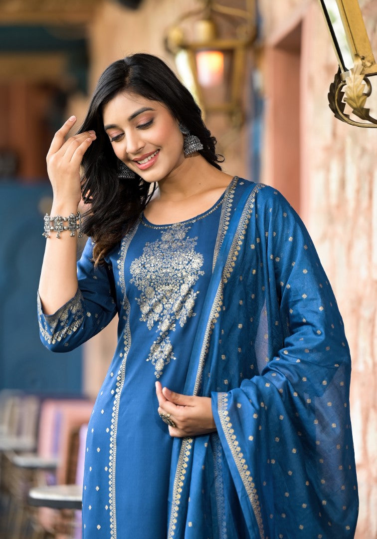 Juniper Women's Blue Ethnic Motif Printed Liva Rayon Kurta Pant And Dupatta Set With Sequins & Tassels | Grocsy