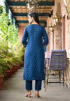 Juniper Women's Blue Ethnic Motif Printed Liva Rayon Kurta Pant And Dupatta Set With Sequins & Tassels | Grocsy