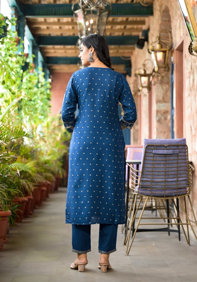 Juniper Women's Blue Ethnic Motif Printed Liva Rayon Kurta Pant And Dupatta Set With Sequins & Tassels | Grocsy