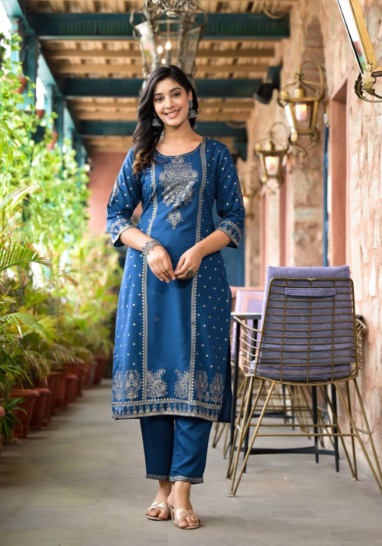 Juniper Women's Blue Ethnic Motif Printed Liva Rayon Kurta Pant And Dupatta Set With Sequins & Tassels | Grocsy