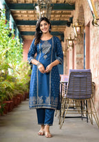 Juniper Women's Blue Ethnic Motif Printed Liva Rayon Kurta Pant And Dupatta Set With Sequins & Tassels | Grocsy