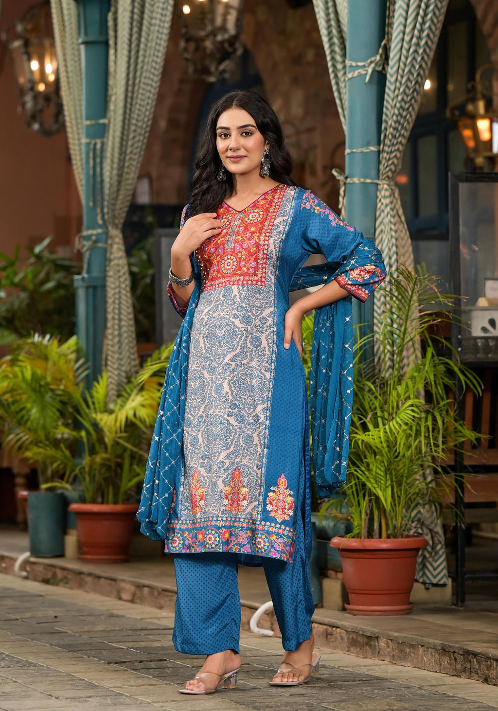 Juniper Women's Blue Viscose Rayon Printed Kurta Set | Grocsy