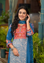 Juniper Women's Blue Viscose Rayon Printed Kurta Set | Grocsy