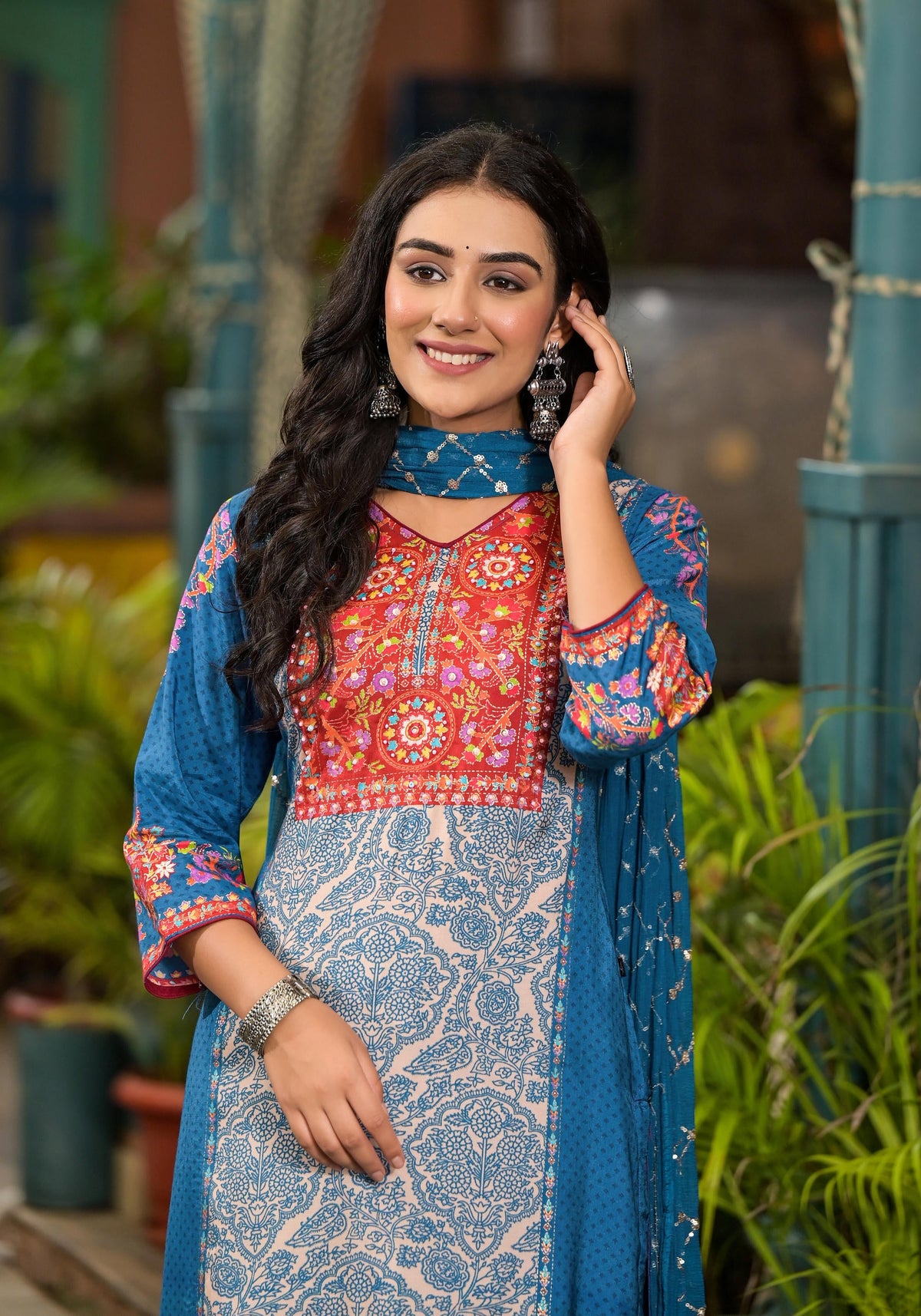 Juniper Women's Blue Viscose Rayon Printed Kurta Set | Grocsy