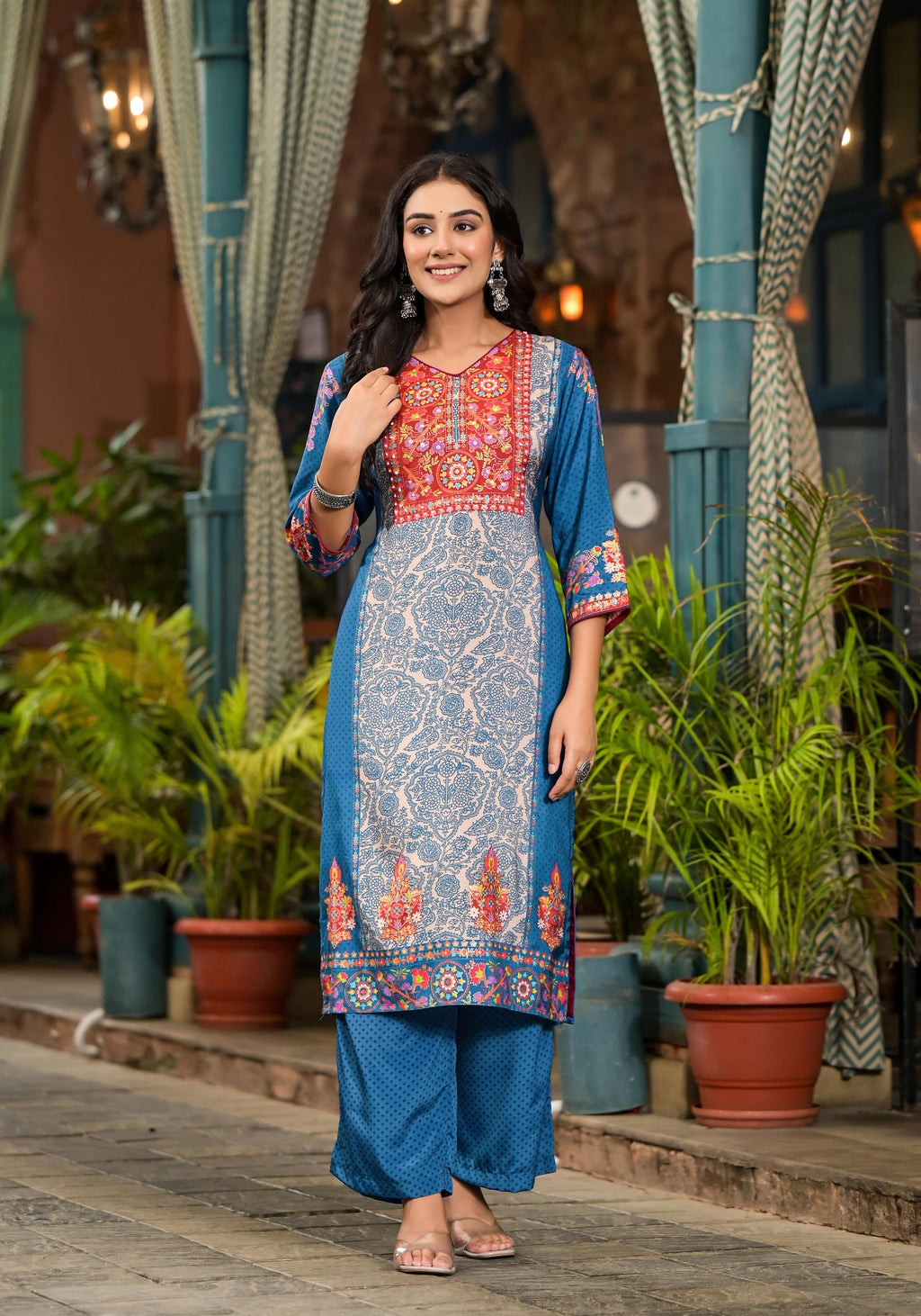 Juniper Women's Blue Viscose Rayon Printed Kurta Set | Grocsy