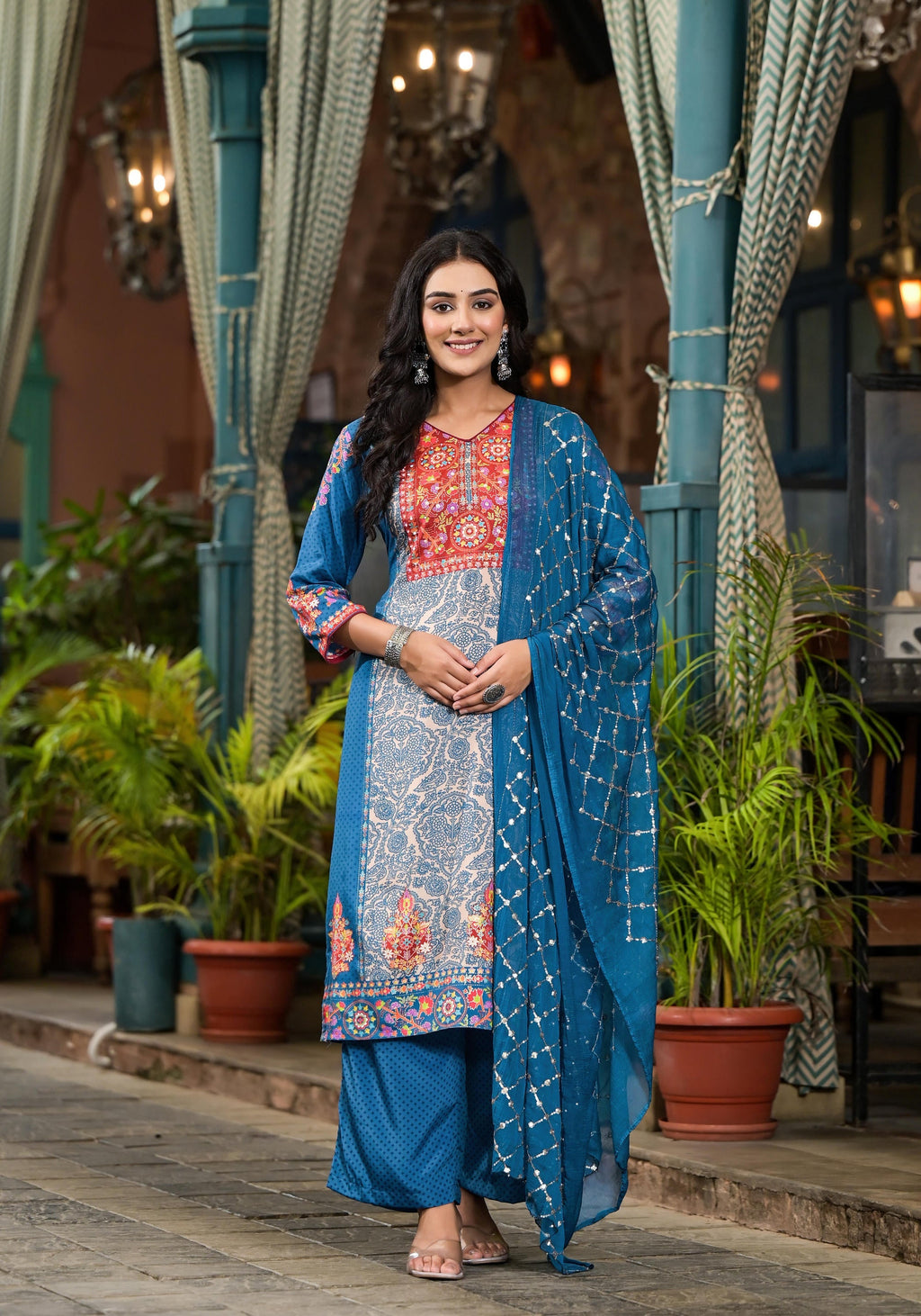Juniper Women's Blue Viscose Rayon Printed Kurta Set | Grocsy