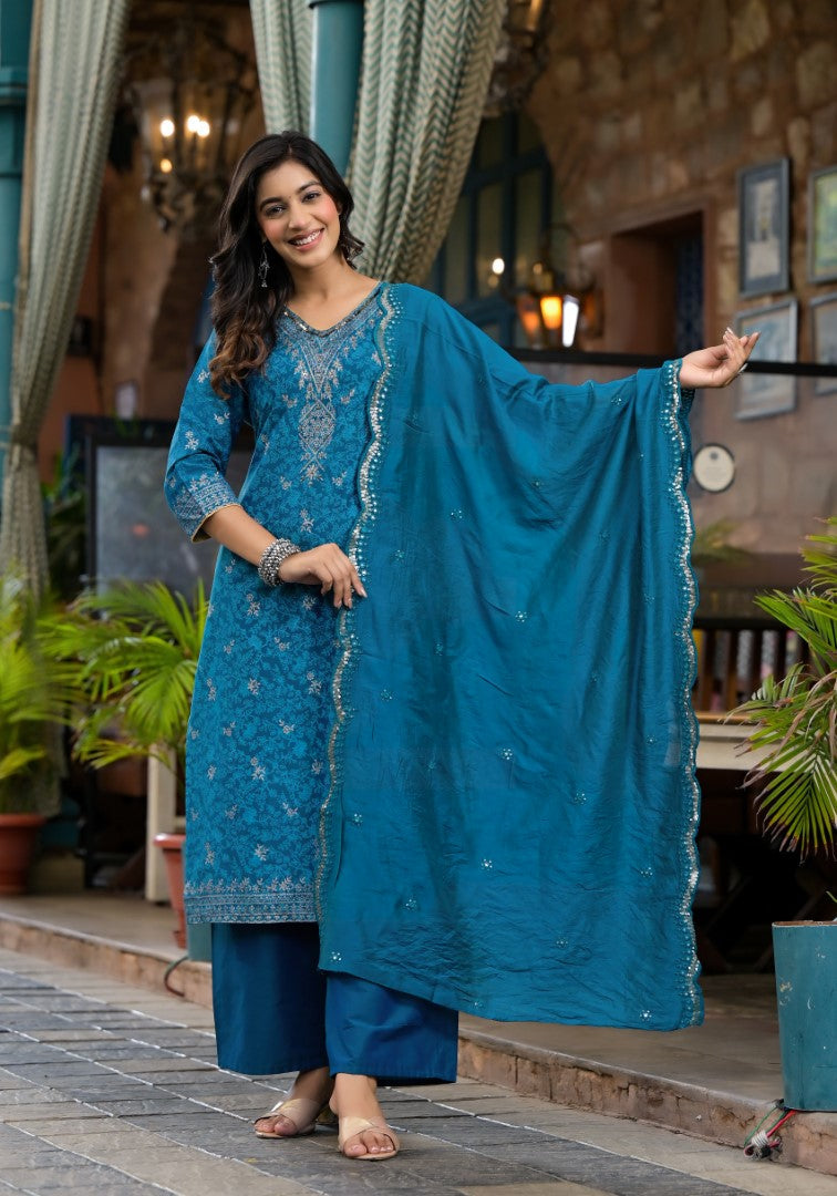 Juniper Women's Blue Poly Staple Ethnic Motif Printed Kurta Pant And Dupatta Set With Sequins Mirror & Zari Work | Grocsy