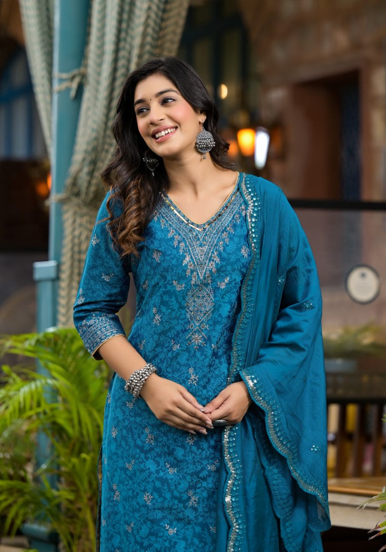 Juniper Women's Blue Poly Staple Ethnic Motif Printed Kurta Pant And Dupatta Set With Sequins Mirror & Zari Work | Grocsy