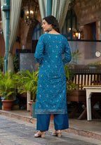 Juniper Women's Blue Poly Staple Ethnic Motif Printed Kurta Pant And Dupatta Set With Sequins Mirror & Zari Work | Grocsy