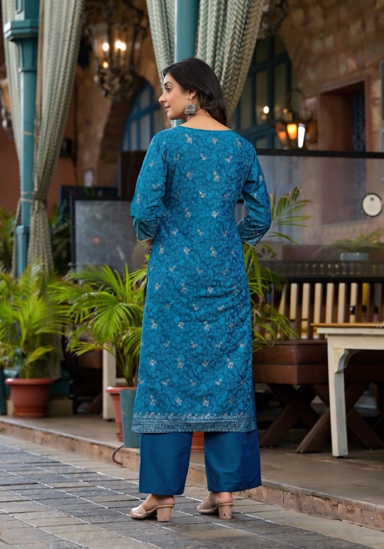 Juniper Women's Blue Poly Staple Ethnic Motif Printed Kurta Pant And Dupatta Set With Sequins Mirror & Zari Work | Grocsy