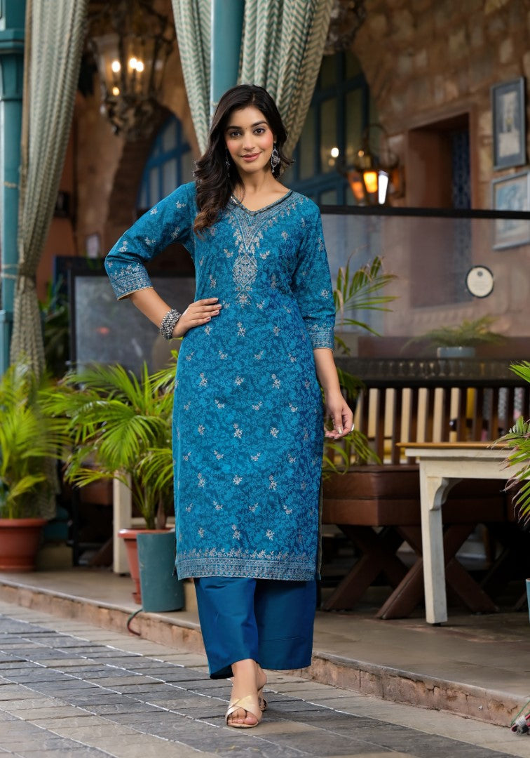Juniper Women's Blue Poly Staple Ethnic Motif Printed Kurta Pant And Dupatta Set With Sequins Mirror & Zari Work | Grocsy