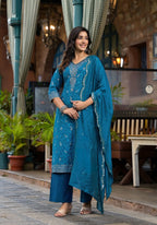 Juniper Women's Blue Poly Staple Ethnic Motif Printed Kurta Pant And Dupatta Set With Sequins Mirror & Zari Work | Grocsy