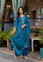 Juniper Women's Blue Poly Staple Ethnic Motif Printed Kurta Pant And Dupatta Set With Sequins Mirror & Zari Work | Grocsy