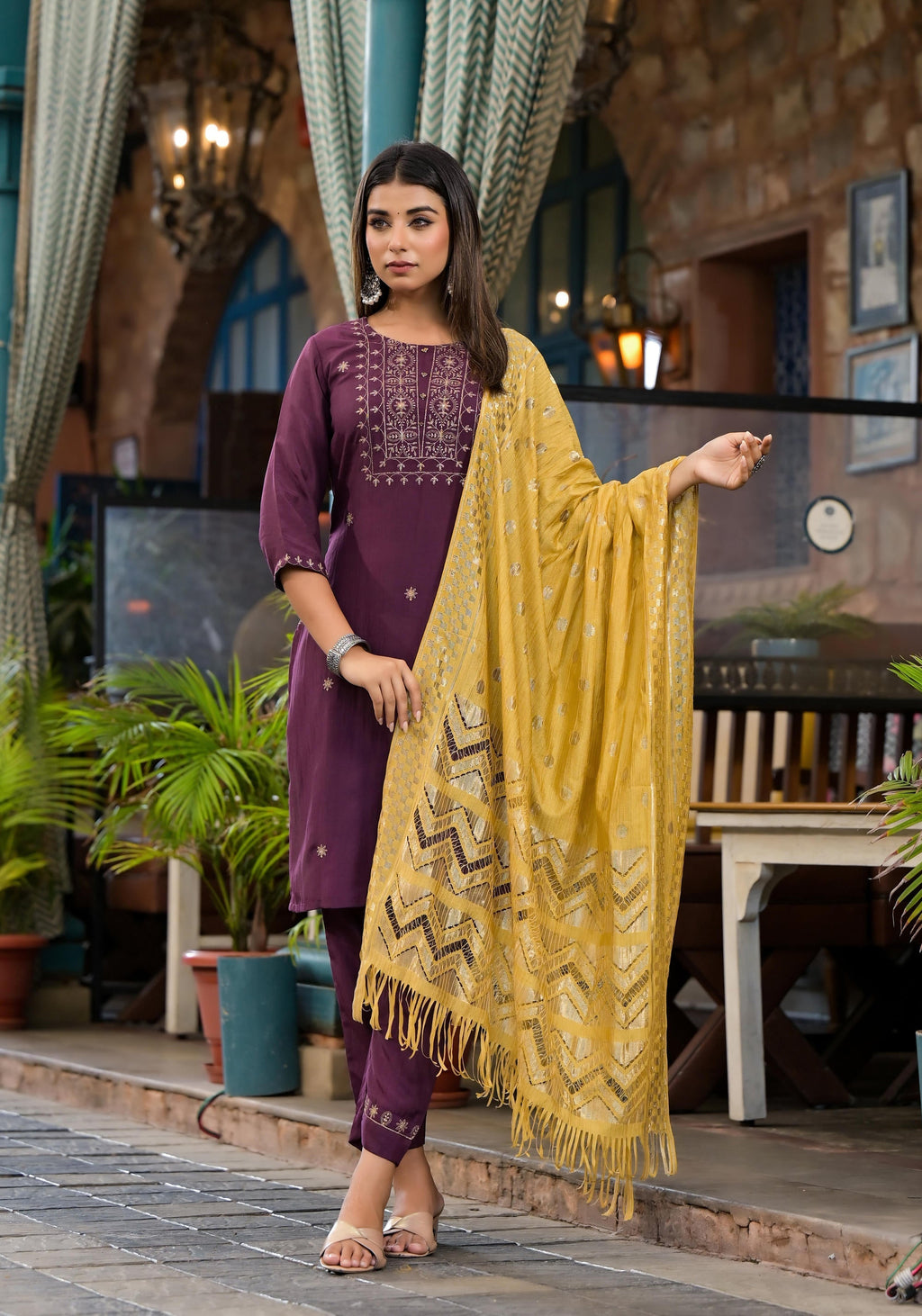 Juniper Burgundy Zari Embroidered Chinon Kurta Pant And Dupatta Set With Zari Work & Beads | Grocsy