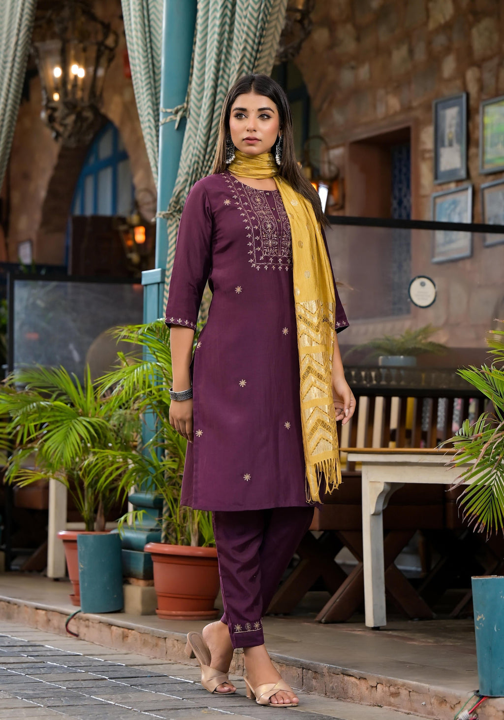 Juniper Burgundy Zari Embroidered Chinon Kurta Pant And Dupatta Set With Zari Work & Beads | Grocsy